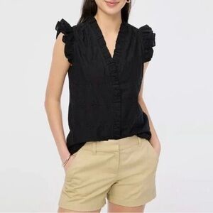 Black Ruffle Sleeve Eyelet V-Neck Women's Top